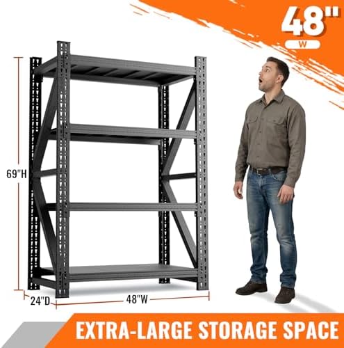 3000LBS Garage Shelving, 48" W Heavy Duty Metal Adjustable 4 Tier Storage for Warehouse, Basement, Shop and Office, Commercial-Grade Steel Organizer, 48" W x 24" D x 69" H