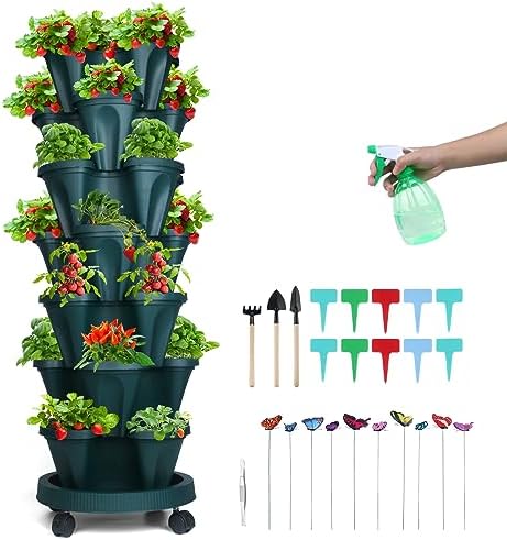 GameXcel Vertical Planter Tower - 7 Tier Stackable Garden Planters with Wheels and Garden Tool Set Plant Pots for Strawberry Herb Flower and Vegetable Indoor Outdoor Use Green