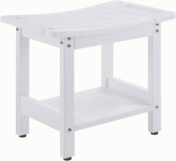Shower Benches for Inside Shower to sit on，Waterproof Shower Bench,Shower Stool for Inside Shower,heav Duty Shower Chair for Shaving Legs, with Storage Shelf, Adjustable Feet（White）