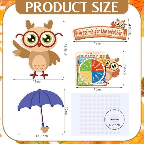 Ireer 56 Pieces Weather Bulletin Board Set for Preschool 12 x 8'' Animal Weather Chart for Classroom Dress up Seasonal Bulletin Board Cutout for Wall Blackboard Decorations (Owl)