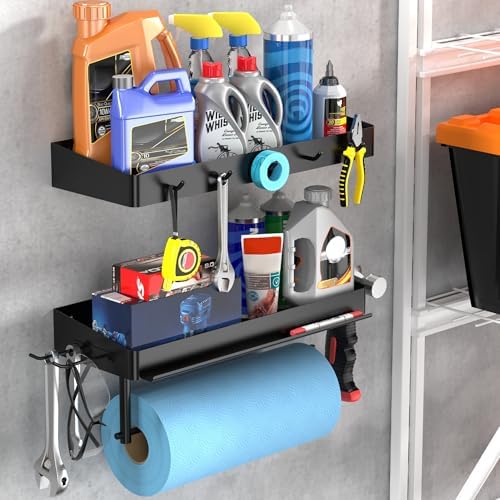 ZUNTO Pack of 2 Black Paper Towel Holder and Organizer Shelf for Garage, Wall Mounted Paper Roll Holder with Shelf and Hooks, Drilling Garage Organization and Storage