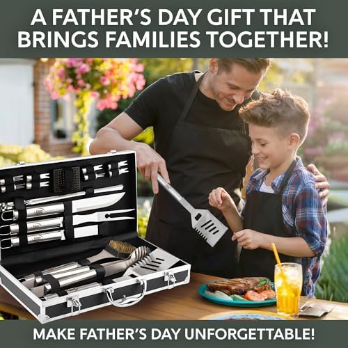 Kaluns Grilling Accessories, Gifts for Men Christmas Grilling Gifts for Dad, Heavy Duty Stainless Steel BBQ Grill Tools Set for Outdoor Grill with Aluminum Case and Apron, Birthday Gifts for Men Dad