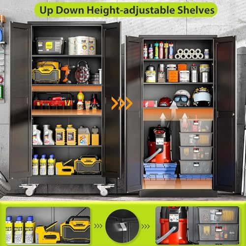 71-Inch Metal Garage Storage Cabinet with Wheels, Locking Doors and Shelves