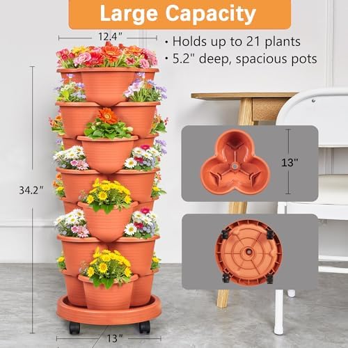 VECELO 7 Tier Vertical Garden Planter, Self Watering Stackable Planters with Wheels for Strawberries, Herbs, Flowers, Vegetables, Red