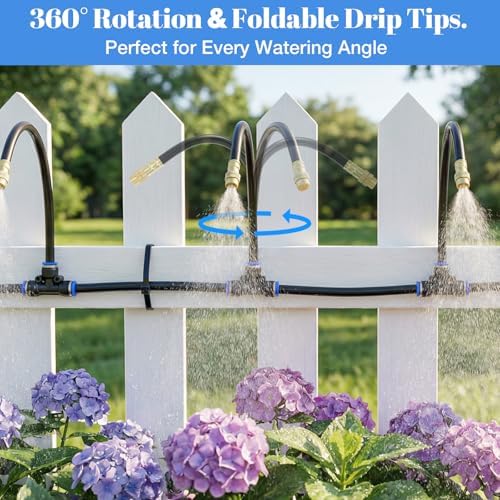 60FT Drip Irrigation Kit, 6mm Hose with Dual Outlet Splitter with Independent Valves & 15 360° Adjustable Brass Nozzles & 18 Snap-On Tees, DIY Automatic Watering for Greenhouse, Raised Beds, Garden