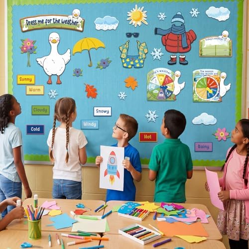 Gilprop 58 Pcs Dress for Weather Bulletin Board Set for Classroom, Goose