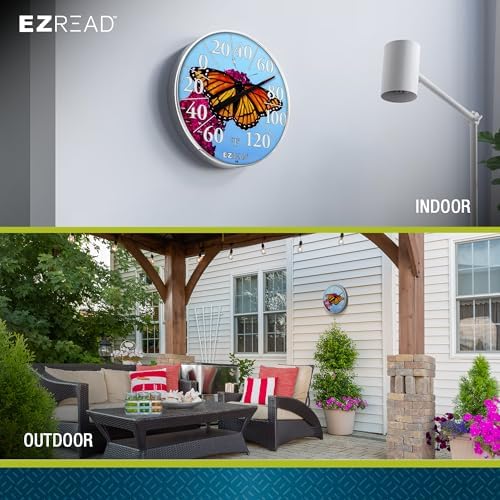 EZREAD Hanging Dial Thermometer 840-1235 Weather Thermometers for Indoor and Outdoor Use, Large 12.5 Inch Diameter, Easy to Read Numbers, Butterfly