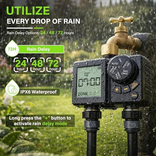 MIXC 1/4" 99Ft Drip Irrigation System with Rechargeable 2-Zone Water Timer, Automatic Garden Watering Kit with 16pcs 360°Adjustable Brass Nozzles & Bendable Rod,for Raised Bed,Potted Plant,Greenhouse