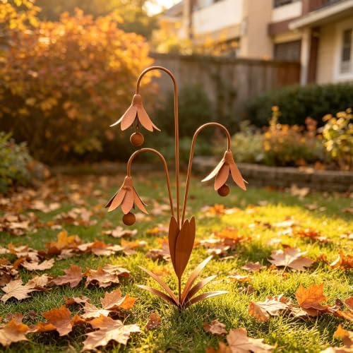 Triple Bluebells Garden Stake with Bell, Durable Metal Flower Outdoor Yard