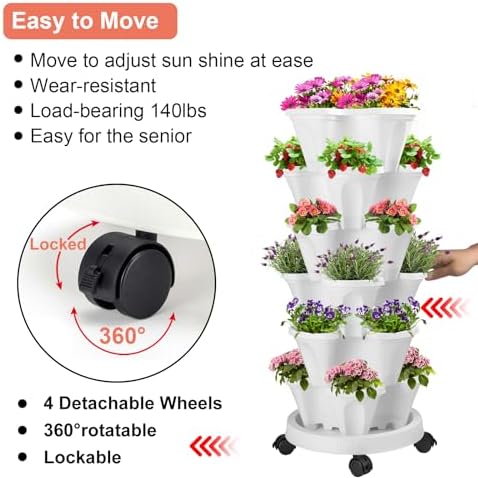 GameXcel Vertical Planter Tower - 6 Tier Stackable Garden Planters with Wheels and Garden Tool Set Plant Pots for Strawberry Herb Flower and Vegetable Indoor Outdoor Use White