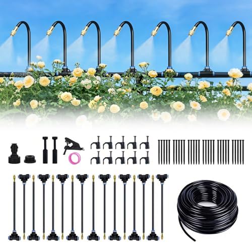 360° Adjustable Drip Irrigation System-50FT Garden Watering System with 16 Brass Nozzles,Irrigation System for Garden/Yard/Lawn,Greenhouse Accessories, 5/16" Tubing Garden Irrigation System