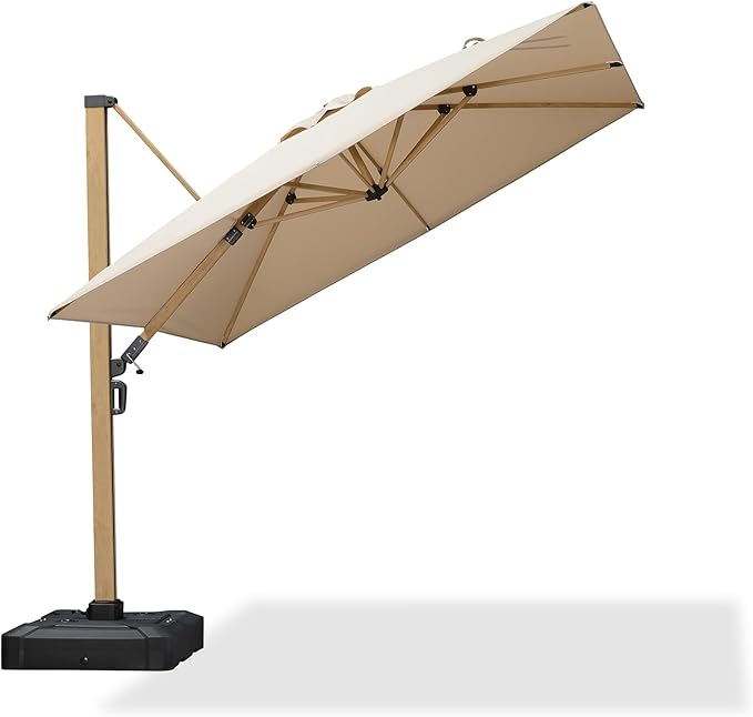 PURPLE LEAF 9FT Patio Umbrella Square Cantilever Umbrella Teak Finished Aluminum Frame Large Windproof Offset Outdoor Sun Umbrellas for Beach Pool Deck, Beige
