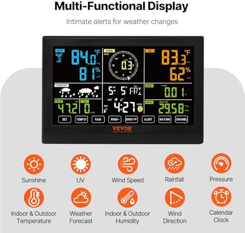 VEVOR 7-in-1 Wireless Weather Station, 7.5 in Color Display, Digital Weather Station Indoor Outdoor, for Temperature Humidity Wind Speed/Direction Rain UV, with Forecast Data, Alarm, Alerts-NO WiFi