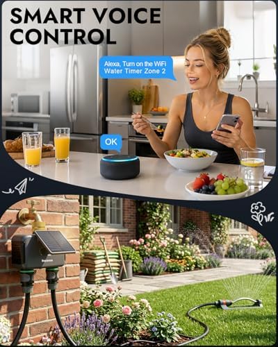 Insoma Solar WiFi Water Timer 2 Zone, Solar&Type-C Rechargeable Smart Sprinkler Timer w/Adjustable 120° Solar Panel, APP&Voice Control Automatic Irrigation for Garden Hose Lawn, No Gateway Required