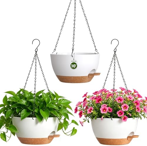 10 Inch Self-Watering Hanging Planters Set of 3 with Saucers