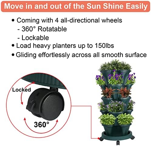 GameXcel Vertical Planter Tower - 5 Tier Stackable Garden Planters with Wheels and Tools Plant Pots for Strawberry Herb Flower and Vegetable Indoor Outdoor Use Green