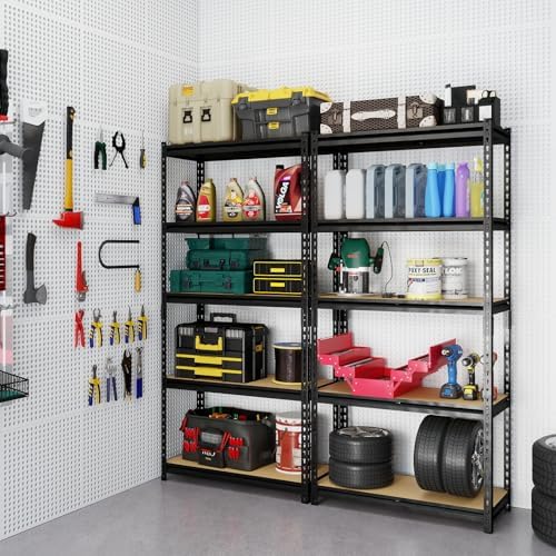 Storage Shelving Unit, 5 Tier Garage ShelvesHeavy Duty, Adjustable Metal Shelving Unit,2400LBS Black forPantry, Basement, Warehouse, Kitchen, Pantry and Closet,72" H