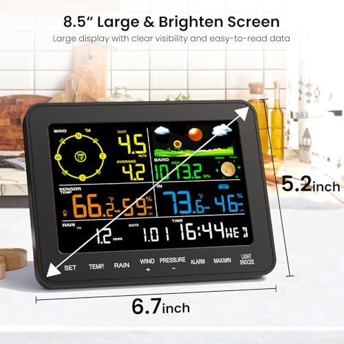 Weather Stations Wireless Indoor Outdoor, Home Weather Station with Rain Gauge, Anemometer, Barometer, Temperature & Humidity Monitor, Moon Phase, Alarm Clock for Garden, Farm（ No WiFi ）