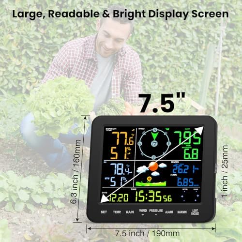 Home Weather Station with Rain Gauge and Wind Speed, Wireless Indoor Outdoor, Monitors Temperature, Humidity, Rainfall, Forecast, Moon Phase, and Alarm Clock for Garden Farm (No WiFi)