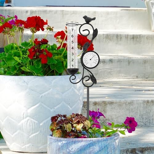 32" Garden Rain Gauge with Thermometer - 7" Glass Tube for Outdoor Indoor Use, Patio Yard Decor Statue