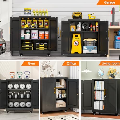 Small Metal Storage Cabinet with Wheels, Lockable Tool Cabinet with Doors