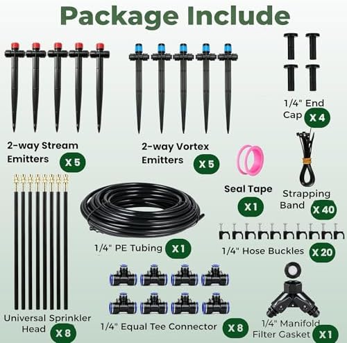 120FT Drip Irrigation System for Garden: Quick Connect 1/4" PE Tubing 18Pcs Automatic Water Sprinkler Kit Adjustable Misting Part Watering Hose, Outdoor Raised Bed Plants Flower Yard Greenhouse