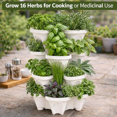 Vertical Garden Planter 4 Tier Stackable System 16 Plants, Space Saving Herb, Strawberry & Food Crop Planter with Center Support Hole for Indoor Outdoor Gardening (4, Stone, Large)