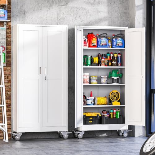 71-Inch Metal Garage Storage Cabinet with Wheels, Locking Doors and Shelves