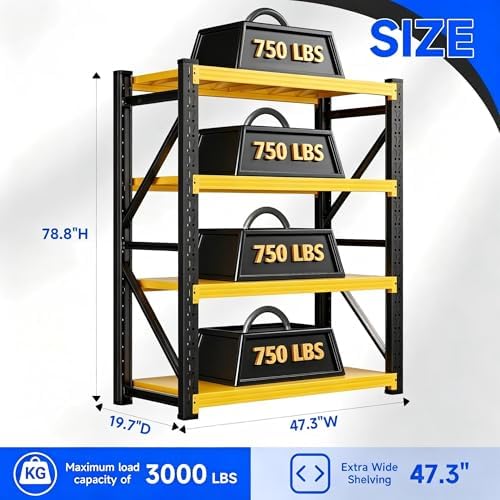 48" W Garage Storage Shelves, 3000LBS Heavy Duty Adjustable Shelving Unit