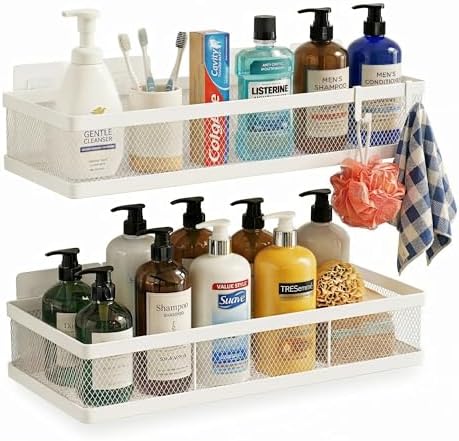 PUSDON Mesh Shower Caddy Wall Mount, Heavy Duty Adhesive Bathroom Shelf Organizer, Rustproof Floating Spice Rack for Kitchen Pantry, Holds 50 LBS, Multi-Purpose Storage White-2 Packs (Netting)