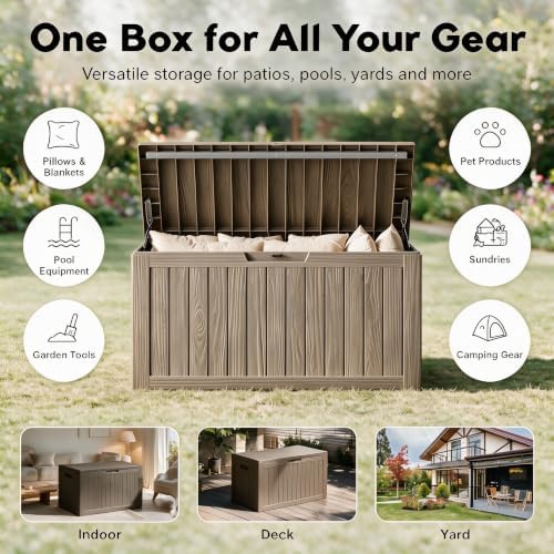 92 Gal Deck Box,Waterproof Resin Outdoor Storage Gas Lift,Lockable Grey