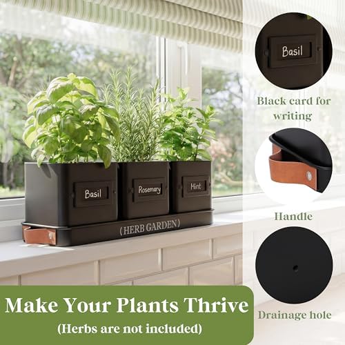 PERFNIQUE Indoor Herb Garden, Herb Planter Set with Tray, Farmhouse Indoor Plant Pots, Windowsill Herb Garden with Drainage(Planter only) for Indoor/Outdoor, Window Pots(Matte Black)
