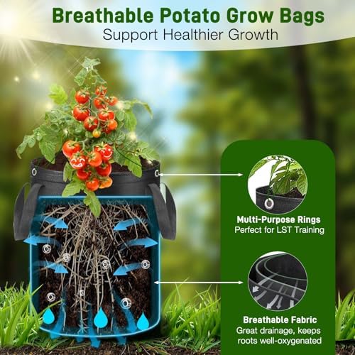 4 Pack Potato Grow Bags 10 Gallon with Harvest & Visible Window Thickened Garden Bags to Grow Vegetables with Handles & Metal Grommets for LST, Fabric Pots for Growing Carrots, Tomatoes, Onions