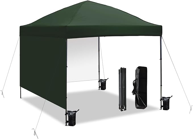 10x10 Pop Up Canopy Tent with 2 Sidewalls, Easy Up Canopy Outdoor Party Sun Shade Tent Portable Gazebo for Beach Camping Events with Carry Bag and 4 Sand Bags