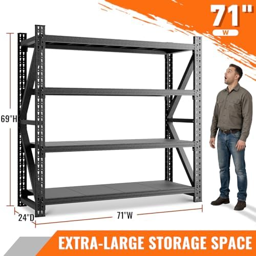 5000LBS Garage Shelving, 71" W Heavy Duty Metal Adjustable 4 Tier Storage for Warehouse, Basement, Shop and Office, Commercial-Grade Industrial Shelving, 71" W x 24" D x 69" H