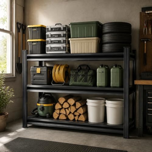 Garage Shelving Heavy Duty Shelving Unit, 1200 LBS 3-Tier Adjustable Boltless Storage Rack, Organizer for Garage Warehouse Kitchen Basement Workshop Household Supplies, 31.5"H x 31.5"W x 13.8"D, Black
