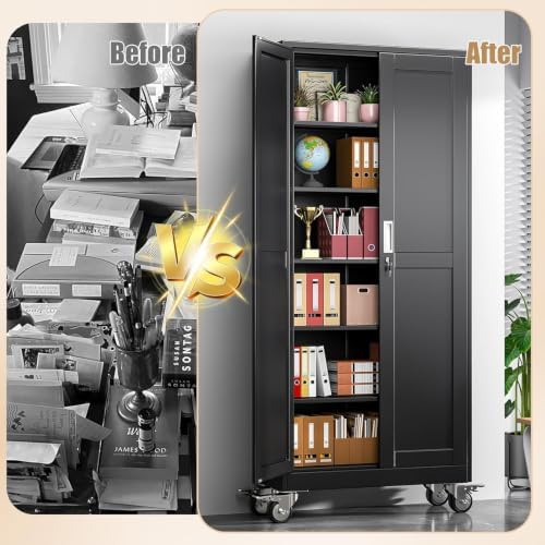 75" H Metal Pantry Storage Locker Cabinet with Wheels,Rolling Kitchen Pantry Cabinet with 2 Doors and 5 Adjustable Shelves, Lockable Steel Garage Tool Cabinet Organization for Home,Gym,School,Black
