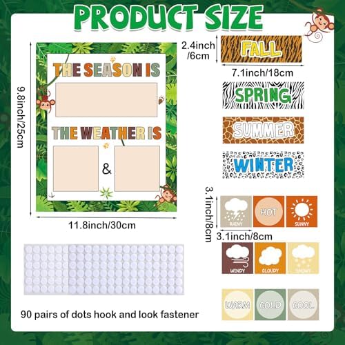 Jungle Animal Season and Weather Calendar Bulletin Board Safari Season Calendar Posters with Weather Cards Hook and Loop Dots for Classroom Wall Decor Preschool Kindergarten Student Teacher Supplies