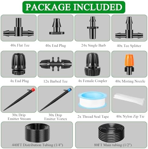 520FT Drip Irrigation System Kit, Automatic Drip Irrigation Kit with 1/2 inch Hose 1/4 inch Distribution Tubing and Accessories for Greenhouse, Yard, Lawn