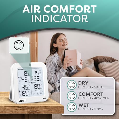 OBET Weather Station Wireless Indoor Outdoor Thermometer Wireless, Digital Temperature and Humidity Monitor with 3 Sensors, Adjustable Backlight, USB Port (500 Feet) White