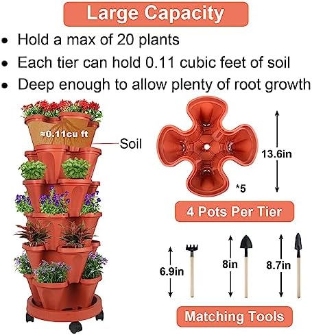 GameXcel Vertical Planter Tower - 6 Tier Stackable Garden Planters with Wheels and Tools Plant Pots for Strawberry Herb Flower and Vegetable Indoor Outdoor Use Red 2 Pack