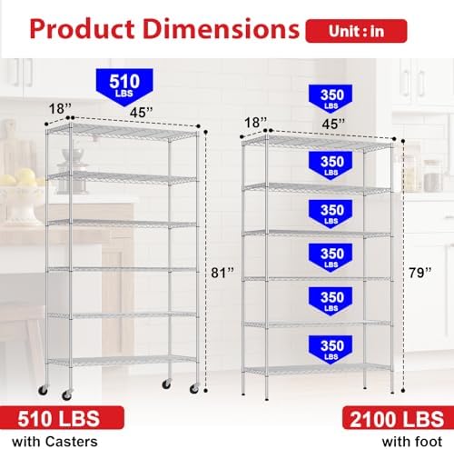 PayLessHere | 6-Tier Wire Shelf with Wheels | 45"x18"x82" | Chrome
