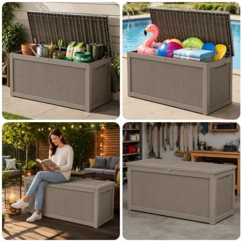 320 Gallon Outdoor Storage Box Resin Deck Box All Weather Waterproof Large Lockable Storage Container Deck Box for Patio Cushions, Garden Tools, Lockable, Gray