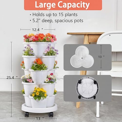 VECELO 5 Tier Vertical Garden Planter, Self Watering Stackable Planters with Wheels for Strawberries, Herbs, Flowers, Vegetables, White