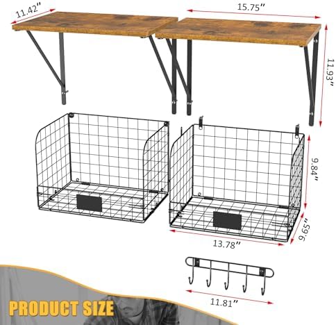 ThreeHio 2 Pack Garage Shelves Wall Mounted with Wire Storage baskets, Heavy Duty Garage Wall Shelving with Hooks, Wooden floating shelves Tool Organizer for Home Garden Garage Organizers and Storage