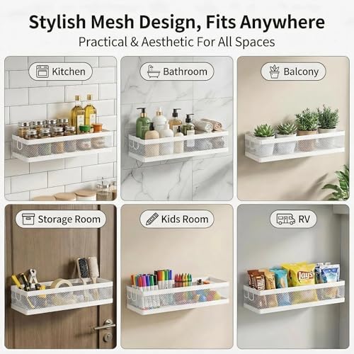 PUSDON 16.5-Inch Extra Long Slim Mesh Shower Caddy, Wall Mounted Bathroom Organizer with Adhesive, Heavy Duty Rustproof Shelf for Narrow Kitchen Pantry & RV, Holds 50 LBS 2-Pack - White Netting