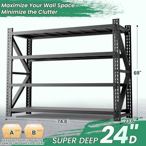 4-Tier Heavy Duty Garage Shelving,Industrial Shelving for Commercial & Home Use,Garage Storage Racks Heavy Duty Steel Shelves,Ultra-Wide Metal Rack for 3‑Car Garages,Warehouses,Workshops