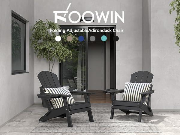 FOOWIN Folding Adjustable Adirondack Chair Set of 6,HDPE Adirondack Chair w/4 in 1 Cup Holder Trays,All-Weather Resistant Fire Pit Chair, Outdoor Chair for Patio Lawn Poolside,400lbs,Black