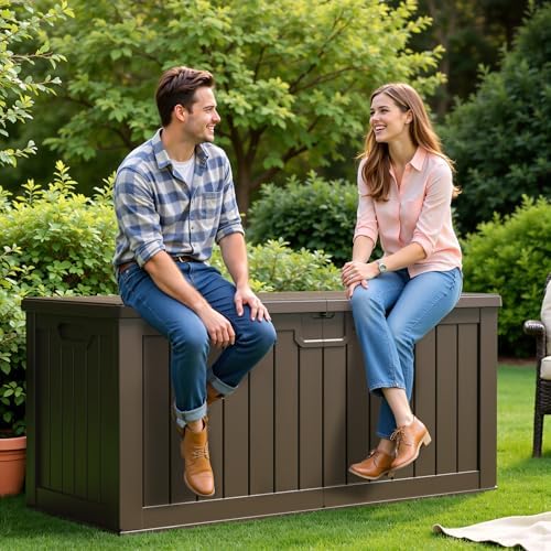 Flamaker 250 Gallon Resin Deck Box, XXL Waterproof Storage Box with Divider