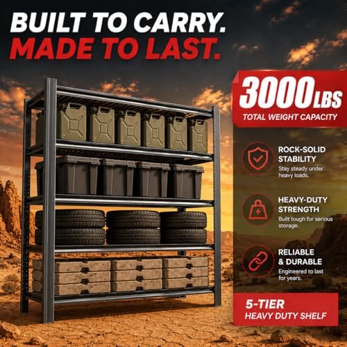 Garage Shelving, 3000 LBS Heavy Duty Wire Storage Shelves, 5-Tier Adjustable Wire Shelving Rack for Garage, Basement, Warehouse, 35.4" W x 15.7" D x 72" H